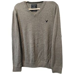 American Eagle Outfitters Men's XL Gray V Neck Sweater Eagle Logo Cotton Blend